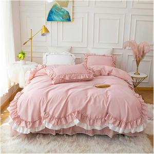 YUSIWOAL Комплект постельного белья Green Cotton в корейском стиле двухслойный с рюшами однотонный Pink