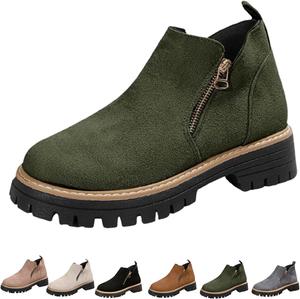 Женские ботильоны на низком каблуке, женские ботильоны на массивном каблуке, замшевые удобные с платформой, с рифленой подошвой и круглым носком, повседневные винтажные туфли с боковой молнией Generic, Green