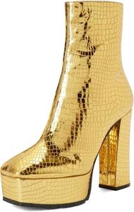 Женские ботильоны XYD с квадратным носком на платформе, с массивным высоким каблуком и боковой молнией, модные, для вечеринок и клубов, Gold Texture