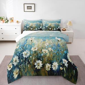 Erosebridal Комплект постельного белья White Daisy с синим принтом цветов и морского пейзажа, White Yellow