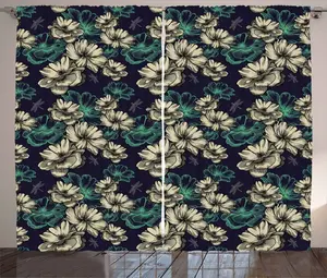 Шторы ABAKUHAUS Vintage Rustic, с цветочным рисунком "Стрекозы", универсальные ленточные шторы для гостиной с петлями и крючками, 280 x 245 см, мятно-зеленый, темно-синий Abakuhaus