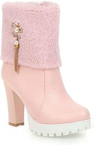 Женские ботильоны VOKLIN на платформе с высоким каблуком, с мехом, закругленным носом и боковой молнией, стильные короткие ботинки, Pink-Velvet Lined