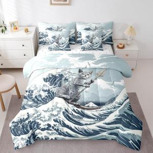 Erosebridal Комплект постельного белья 7Pcs с принтом японских волн и котиков в стиле кавай, Blue Gray