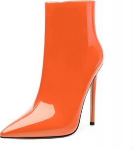Женские ботильоны FOGEENA с заостренным носком, высоким каблуком-кубиком, из лакированной кожи, с боковой молнией, каблук 12 см, короткие ботинки, сексуальные, для свадьбы, свиданий и работы, осенние туфли, Orange