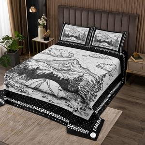 Erosebridal Комплект постельного белья Happy Camping с принтом лесные горы деревья геометрические точки натуральный черный серый, Black Grey