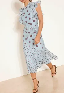 Платье прямого кроя в горошек с оборками на плечах, поясом на талии, средней длины, повседневное. Lipsy, Light Blue