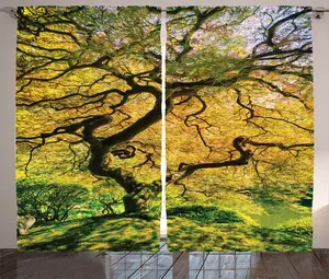 Штора ABAKUHAUS "Дерево в стиле рустик", большой клен с рекой, универсальная ленточная штора для гостиной с петлями и крючками, 280 x 175 см, зелено-желтый Abakuhaus