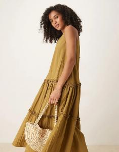 Платье мидакси Ghospell с многоуровневыми воланами оливкового цвета