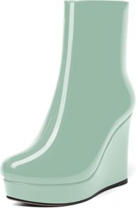 Женские лаковые ботильоны AMBELIGHT с молнией, на платформе, однотонные, с круглым носком, на клиновидном каблуке, средняя голень, 4 дюйма, Turquoise