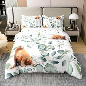 Erosebridal Хлопковый комплект постельного белья с морскими животными и листьями эвкалипта, Brown White Green
