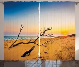 Штора ABAKUHAUS Рустикальный пейзаж, Восход солнца на озере, универсальная ленточная штора для гостиной с петлями и крючками, 280 x 245 см, цвет синий и песочно-коричневый Abakuhaus