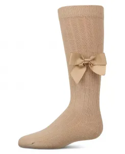 Большие ребристые эластичные носки до колена с бантом из хлопка Memoi, загар/бежевый