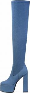 Женские платформенные ботфорты Yolkomo с массивным каблуком, Denim Blue-Thigh High