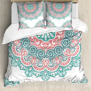 Пододеяльник ABAKUHAUS Oriental, мягкий, с рисунком мандалы и азиатского узора, с защитой от клещей, подходит для аллергиков, с наволочками, 200 см x 200 см - 80 x 80 см, бирюзовый, кораллово-бирюзовый Abakuhaus