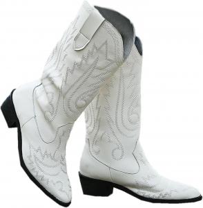 Вестерн ковбойские ботильоны для женщин, средние голени, короткие сапожки с вышивкой, округлый носок, массивный низкий каблук FOBOINED, White-05