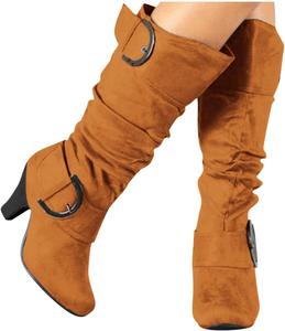 Женские сапоги Bcshiye до середины икры с круглым носком, невысоким каблуком, молнией и пряжкой, свободного кроя, с широкими голенью и широкой полнотой, высокие сапоги, Brown