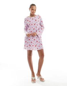 Мини-платье Pieces с длинными рукавами и плиссировкой, с лавандовым цветочным принтом