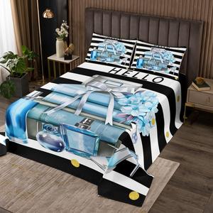 Erosebridal Комплект постельного белья Black and Blue в черно-белой цветовой гамме с современным цветочным принтом, Blue Black