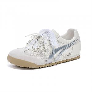 Винтажные кроссовки в спортивном стиле из немецкой армии с кружевной сеткой и жемчугом, женские, цвета экрю JOSINY, Ecru (Heel Height 1.5Cm)