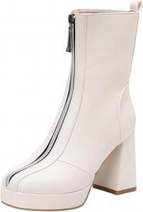 Женская мода: высокие каблуки, средние массивные каблуки, платформа, сексуальные, с передней молнией, с круглым закрытым носком, нарядные офисные туфли и ботинки Generic, White