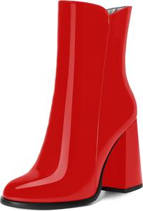 Женские ботильоны WAYDERNS на высоком каблуке 4 дюйма с круглым носком, молнией, однотонным дизайном, лаковой отделкой и модным стилем для свиданий, Red