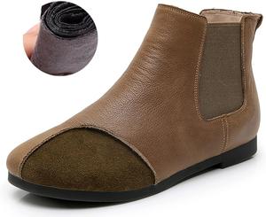 Женские ботинки Челси из натуральной кожи с отделкой, с круглым носком, для осени и зимы, теплые, ретро, без застежки, удобные, с низким массивным каблуком, для ходьбы, до щиколотки SIYAKE, Khaki Plush