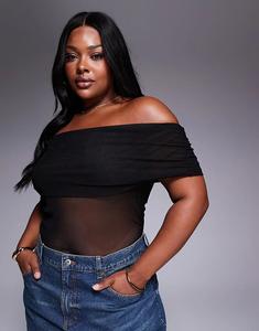 Топ с открытыми плечами, с защипами и складками из сетки ASOS DESIGN, черный Asos Curve