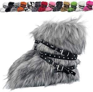 Женские сапоги из искусственного меха с круглым носком, теплые укороченные сапожки, пушистые зимние сапоги Y2K с ремнем и заклепками, платформенные сапоги Generic, Grey