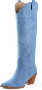 Женские ковбойские сапоги iiimmu, высокие сапоги до колена, с заостренным носком и устойчивым каблуком, замшевые и из искусственной кожи с вышивкой, Blue