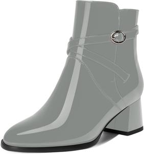 Женские ботинки AMBELIGHT с пряжкой, для путешествий, с круглым носком, наружной лакированной кожей, ремешком на щиколотке, на устойчивом низком каблуке 2 дюйма, Grey