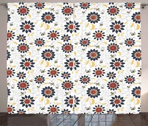 Штора ABAKUHAUS "Пчела в деревенском стиле", подсолнухи и забавные пчелки, универсальные ленточные шторы для гостиной с петлями и крючками, 280 x 225 см, темно-синий, горчично-рубиновый Abakuhaus