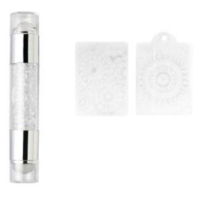 Набор: маленький, двухсторонний, серебряный штамп для ногтей, 1 шт. + лопатка, 1 шт. + трафареты, 2 шт. Many Beauty