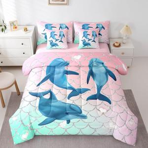 Erosebridal Комплект постельного белья для девочек с принтом морских дельфинов и чешуи русалки, Pink Blue Green