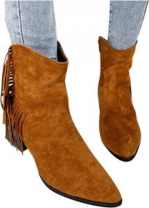 Женские ботильоны ZBYY с замшевой верхней частью, толстым массивным каблуком, боковой молнией, заостренным носком, низким каблуком в западном стиле, Brown