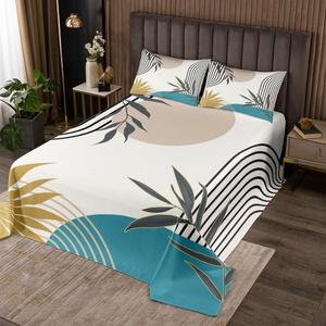 Erosebridal Комплект постельного белья Beige Teal Black с абстрактным геометрическим принтом и ботаническими листьями в минималистичном стиле, Beige Teal Black Gold