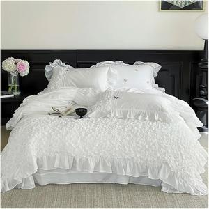 YUSIWOAL Комплект постельного белья французский свадебный белый с плиссированными рюшами 600TC хлопок One Color