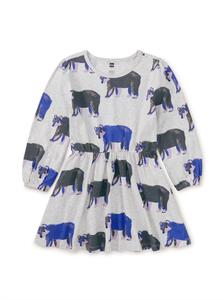 Детское платье с рукавами-блузоном и карманами Bushy Bear в сером меланже Tea Collection, серый