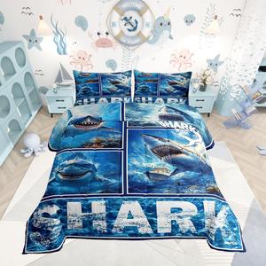 Erosebridal Комплект постельного белья Hunting Kids 3D Shark с реверсивным покрывалом в морском стиле из микрофибры, White Navy Blue