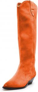 Женские сапоги FYS с острым носком до колена, на массивном невысоком каблуке, с широким голенищем, ковбойские повседневные ботинки, размеры 4-16 US, Orange
