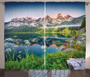 ABAKUHAUS Натуральная деревенская штора, Австрийские Альпы, универсальные ленточные шторы для гостиной с петлями и крючками, 280 x 175 см, зеленый синий