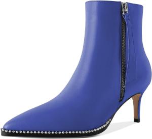 Younton Женские сапоги с низким каблуком, заостренный носок с бусинами, короткие сапоги, молния, каблук-кошечка, 6,3 см