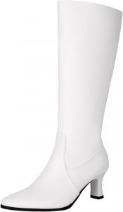 Женские сапоги до колена с низким каблуком, кожаные, с широкой голенью, заостренным носком, боевого типа, высокие, с половинной молнией Generic, White