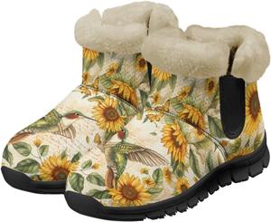 Женские пушистые ботильоны Wam зимние ботинки против скольжения, снежные ботильоны с искусственным мехом, ботильоны до щиколотки, домашняя обувь Chririnla, Sunflower Hummingbird