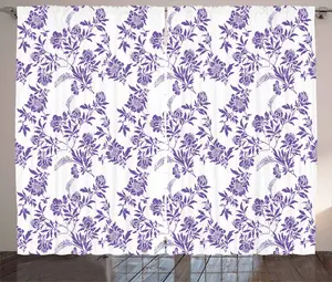 Штора в деревенском стиле ABAKUHAUS с цветочным рисунком, пульсирующими сезонными растениями, присборенная штора для спальни с петлями и крючками, 280 x 245 см, фиолетовый и белый Abakuhaus
