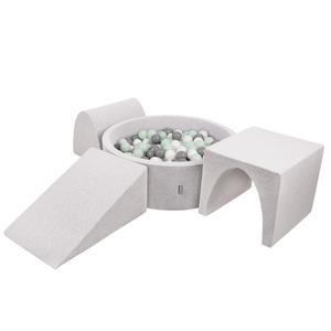 KiddyMoon Детская площадка из пенопласта ППЗП-ОК30Д-124 с шариками светло-серый: бело-серо-мятный бассейн 300/клин Л/горка/туннель Игрушечная площадка