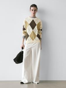 Хлопковый вязаный свитер с узором аргайл Massimo Dutti, cream