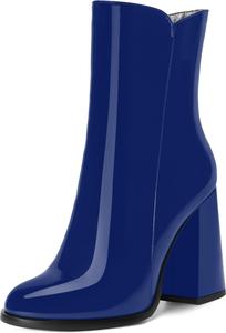Женские ботильоны WAYDERNS на высоком каблуке 4 дюйма с круглым носком, молнией, однотонным дизайном, лаковой отделкой и модным стилем для свиданий, Royal Blue