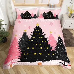 Erosebridal Комплект постельного белья Pink Xmas с новогодним принтом черных котиков для детей, Pink Black
