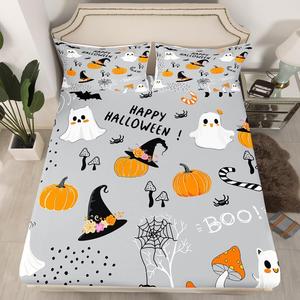 Erosebridal Комплект постельного белья Happy Halloween с мультяшными ведьмами, тыквами, привидениями, паутиной и летучими мышами, Grey Orange Black