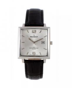 Мужские квадратные часы с посеребренным покрытием и черным кожаным ремешком, диаметр 35 мм Peugeot